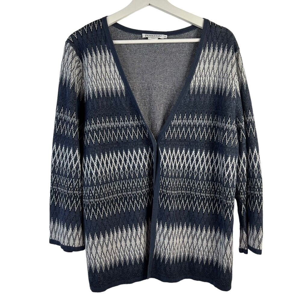 Pendleton Size XL Mya Cardigan Sweater Linen Blend Navy Diamond Pattern V-Neck